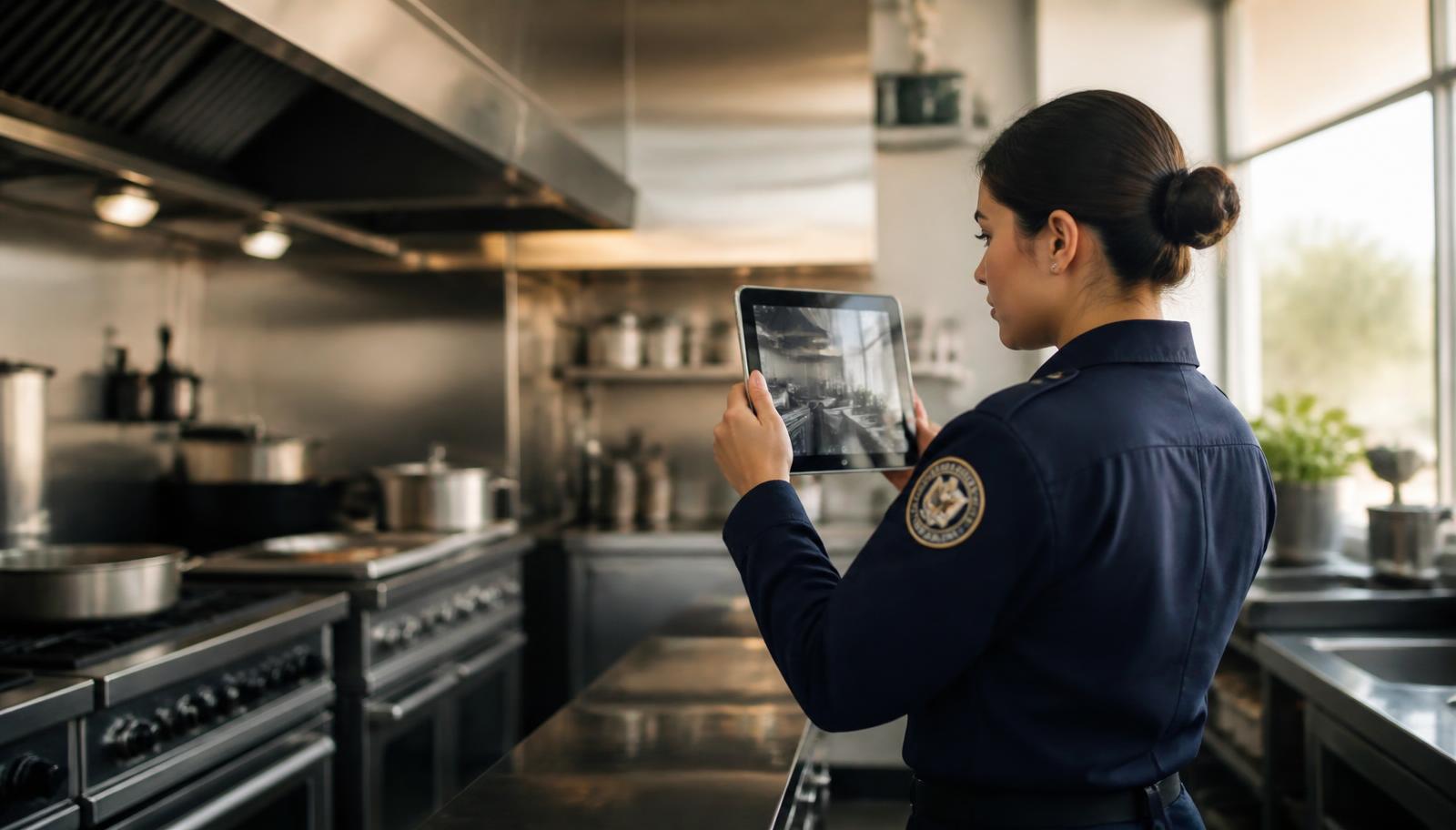 A government inspector photographing a commercial restaurant kitchen on a tablet