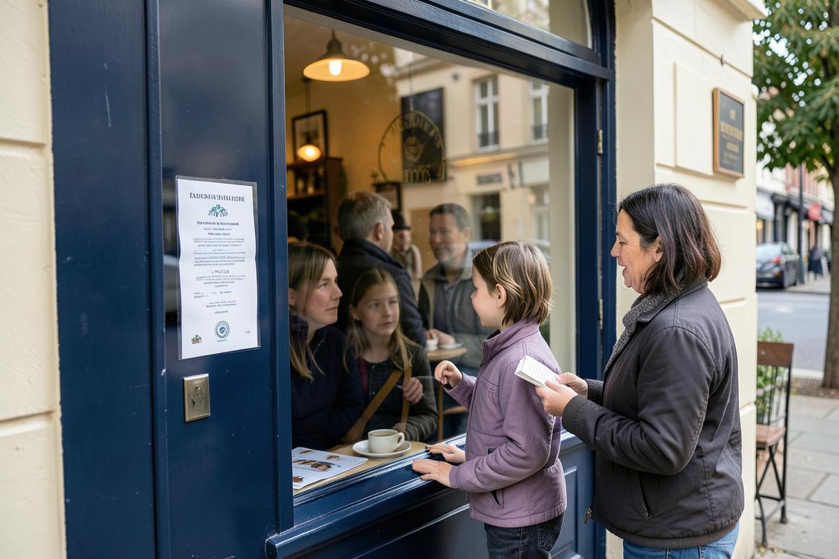 A family reading a hygiene grade certificate on a cafe window before going in